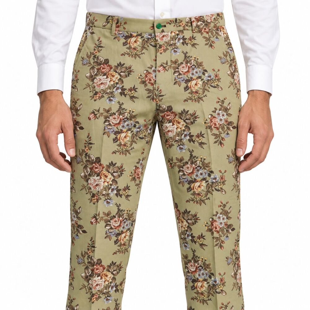 Mens 36 Green Floral Print Cotton Slim Fit Dress Pants Handmade Trousers NWT